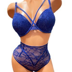 Victorias Secret Set Very Sexy Push Up Padded lace bra & High Waist Cheeky Blue